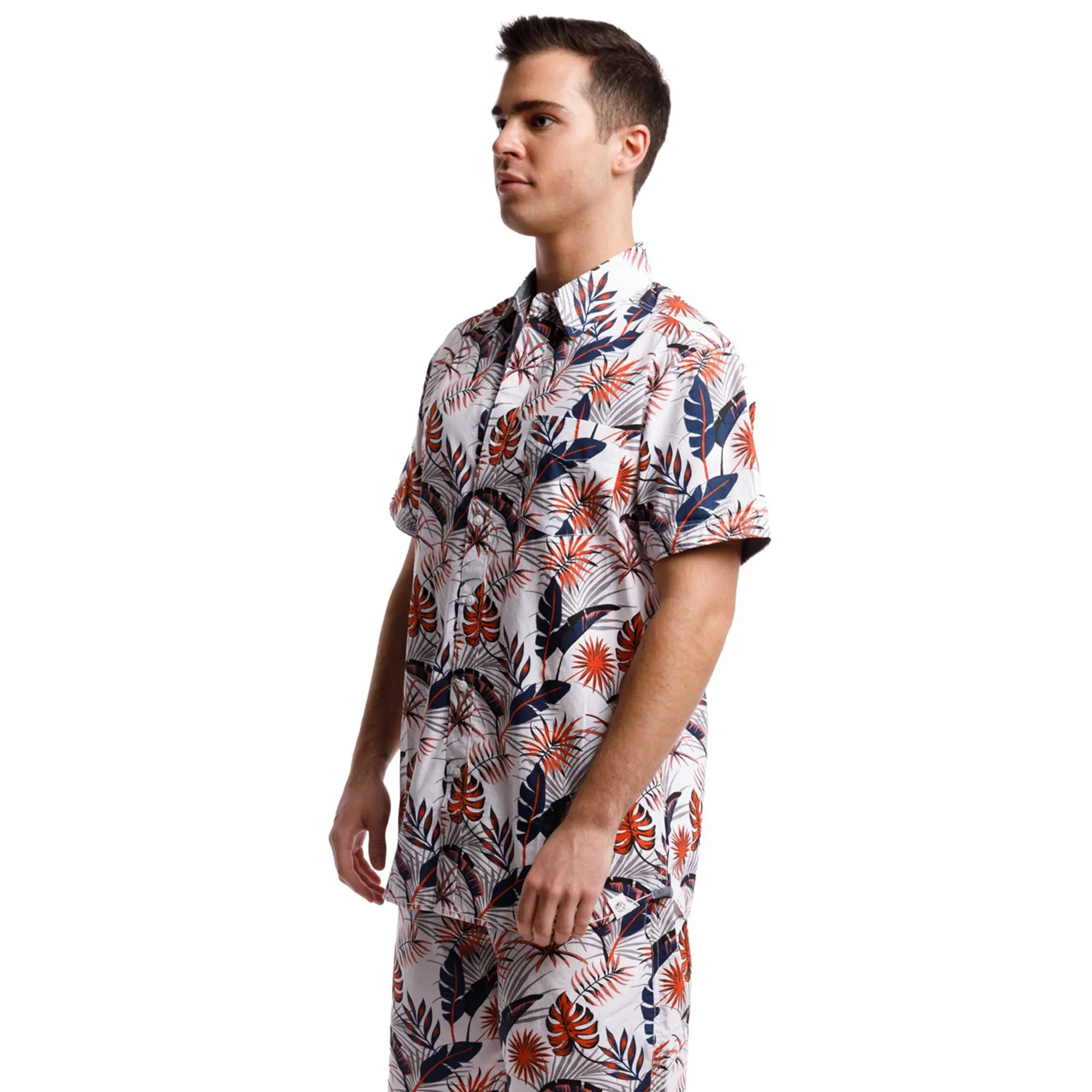 Printed Poplin Short Sleeve Button Up Shirt | Orange Tropical Leaves sold by Free Planet