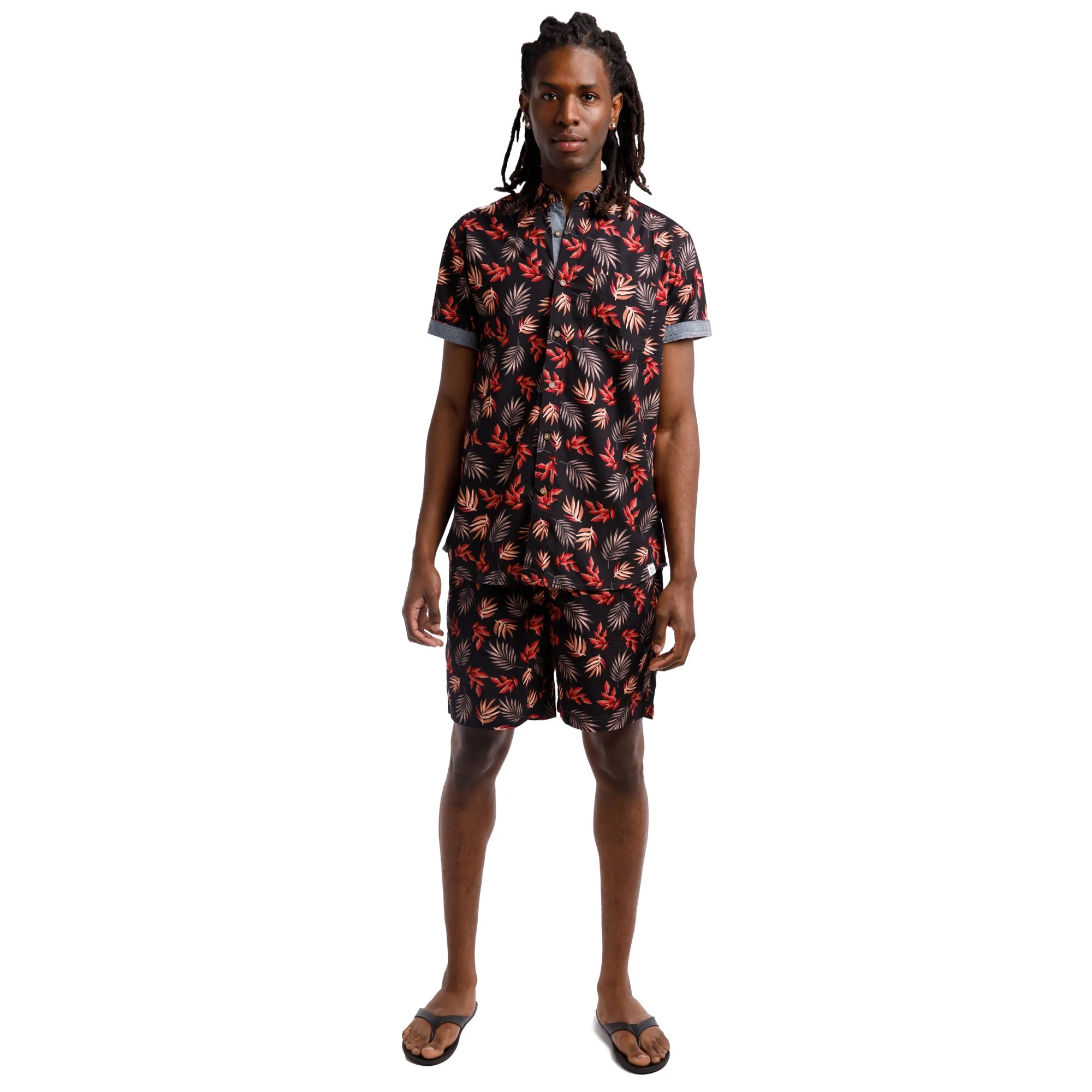 Printed Poplin Short Sleeve Button Up Shirt | Navy/Pink Leaves sold by Free Planet product image thumbnail 3