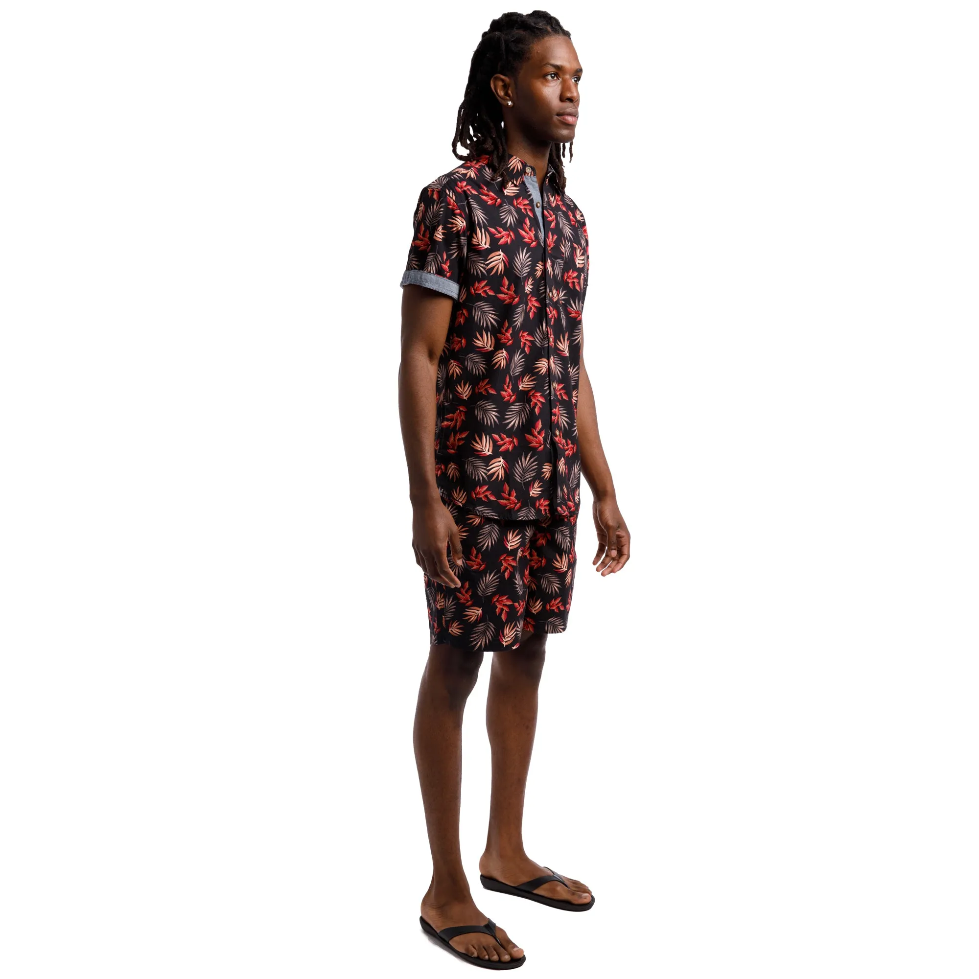 Printed Poplin Short Sleeve Button Up Shirt | Navy/Pink Leaves sold by Free Planet product image thumbnail 5