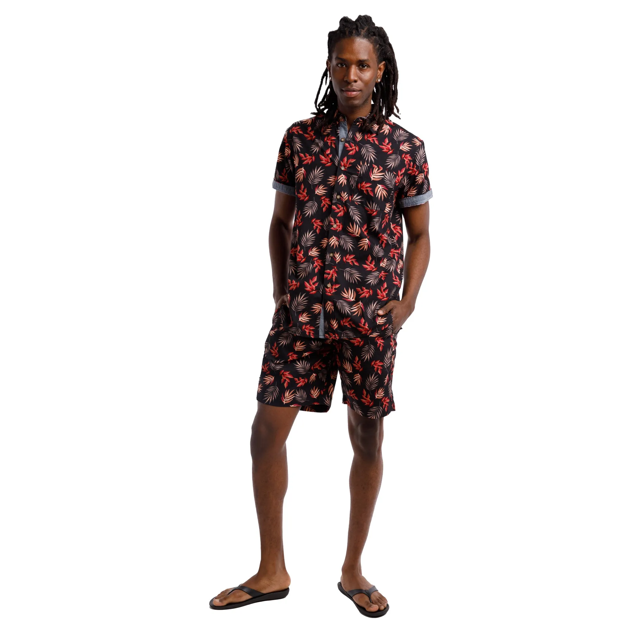 Printed Poplin Short Sleeve Button Up Shirt | Navy/Pink Leaves sold by Free Planet product image thumbnail 2