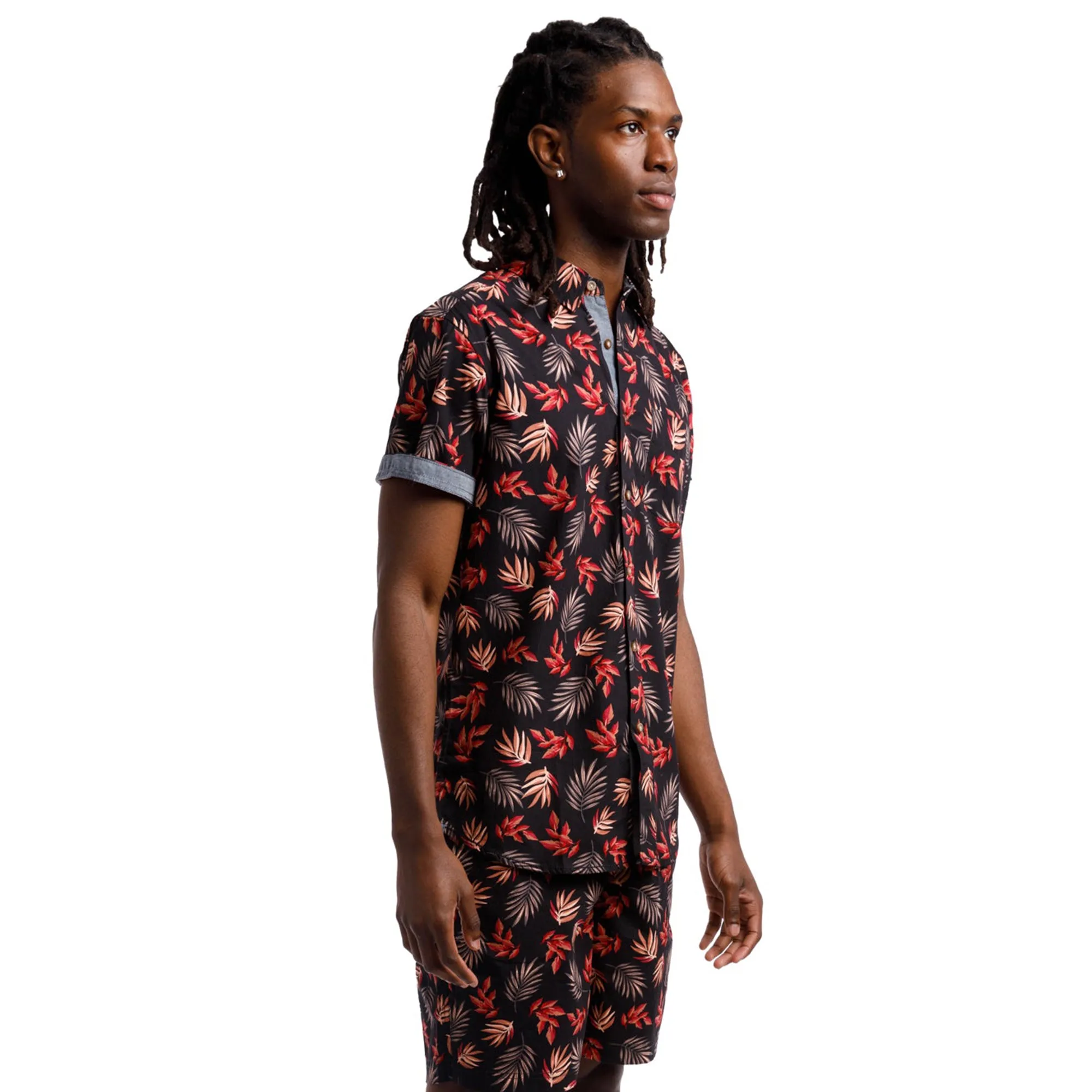 Printed Poplin Short Sleeve Button Up Shirt | Navy/Pink Leaves sold by Free Planet