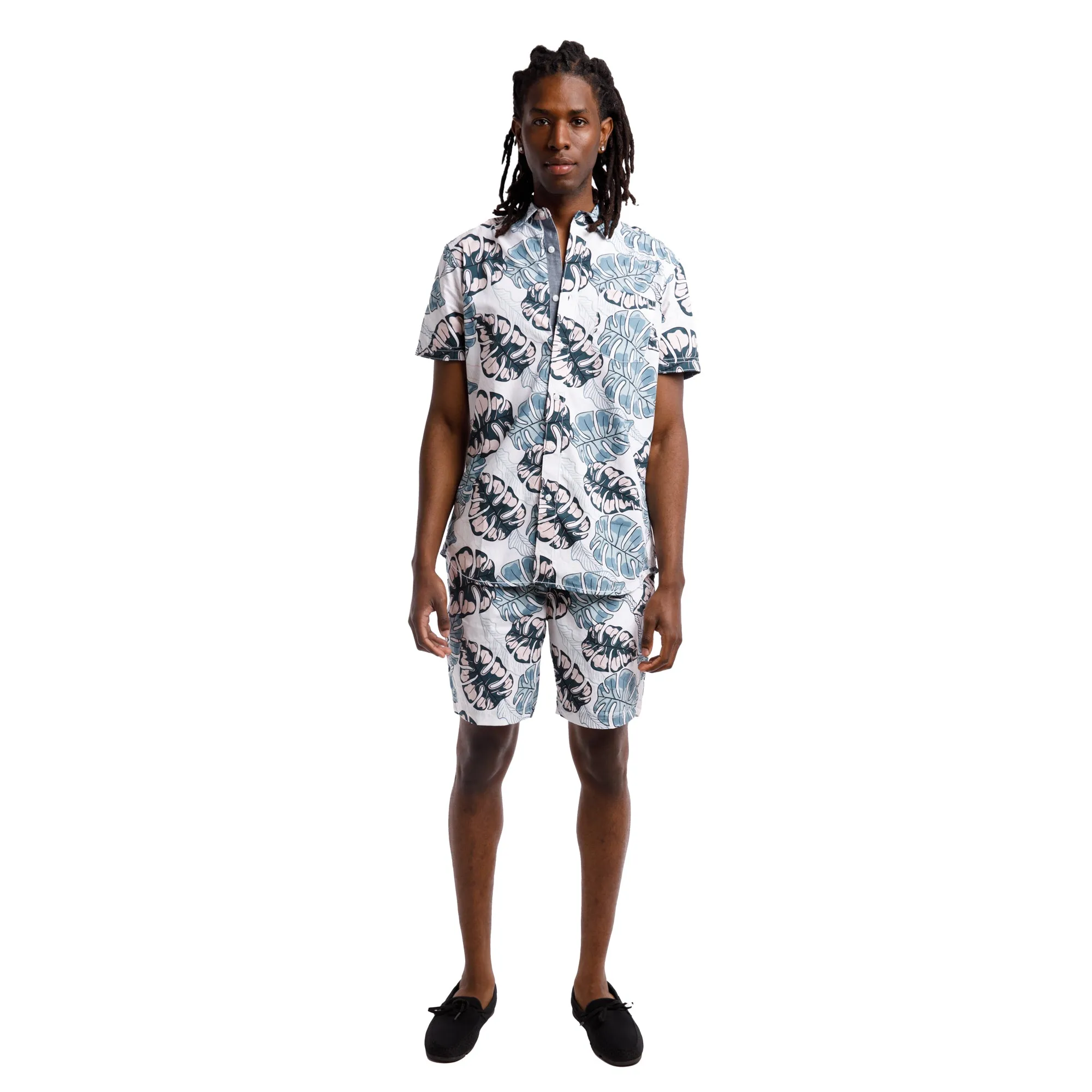 Printed Poplin Short Sleeve Button Up Shirt | Mint Tropical Leaves sold by Free Planet product image thumbnail 3