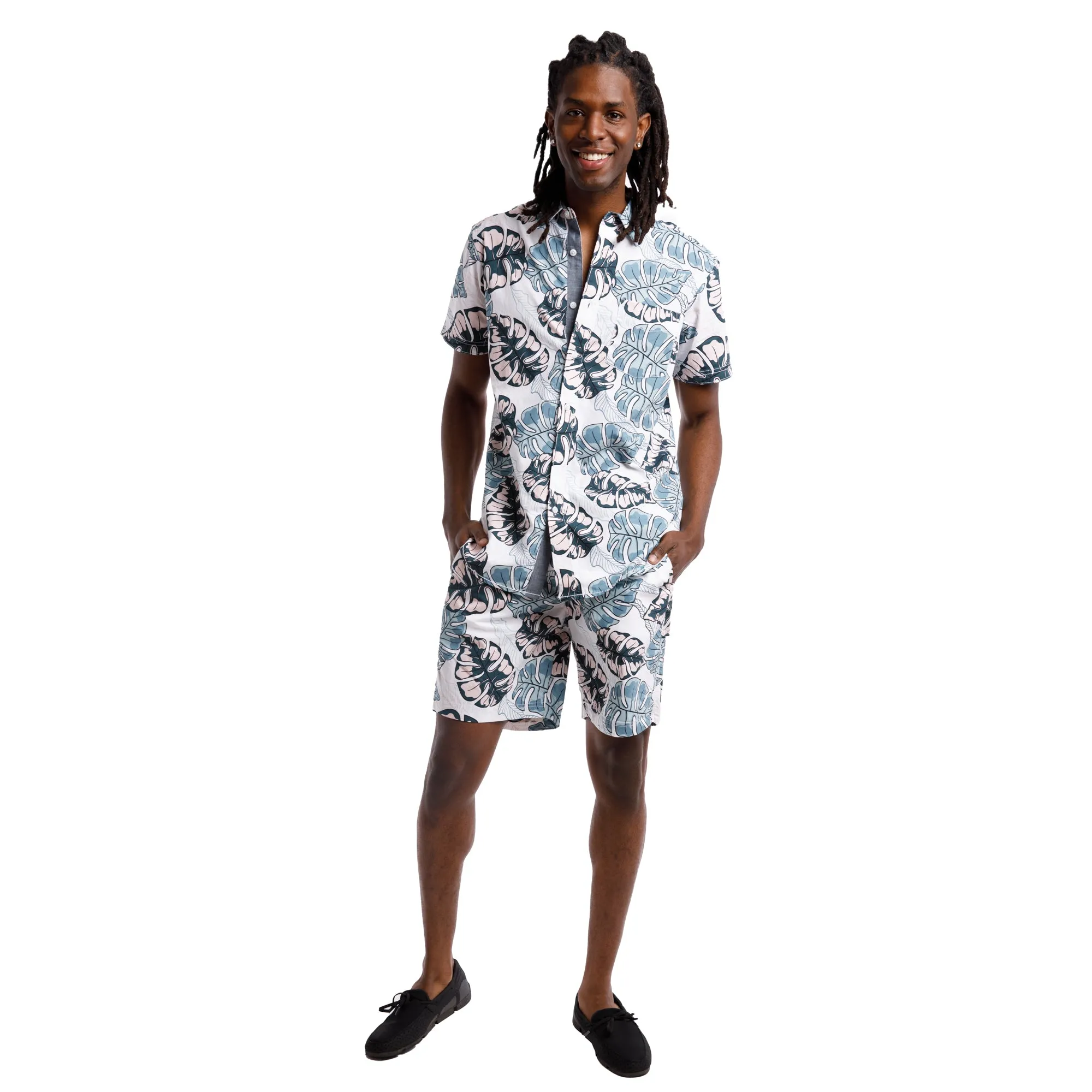 Printed Poplin Short Sleeve Button Up Shirt | Mint Tropical Leaves sold by Free Planet product image thumbnail 2