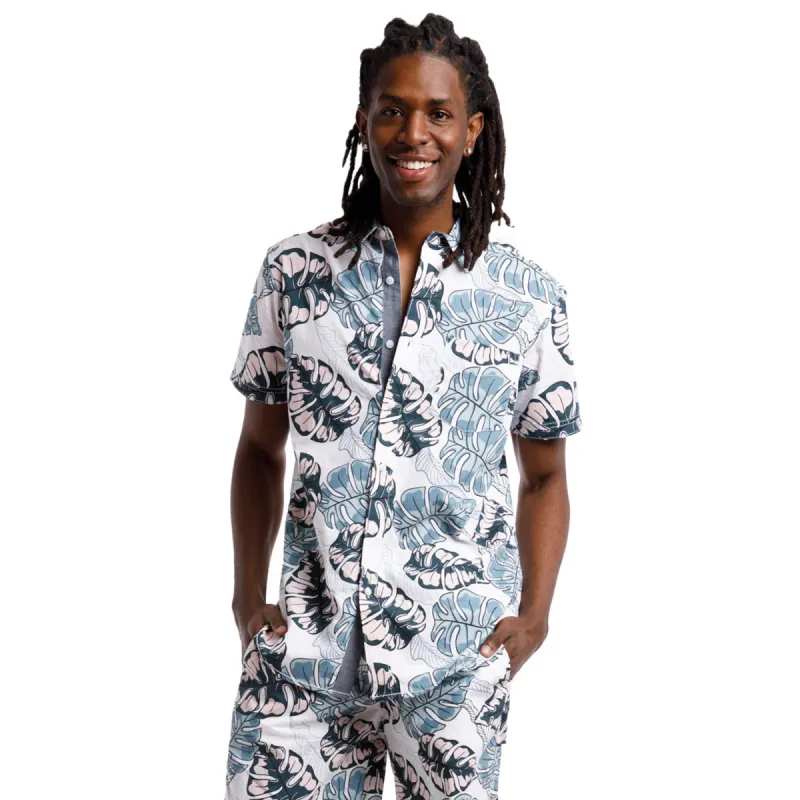 Printed Poplin Short Sleeve Button Up Shirt | Mint Tropical Leaves sold by Free Planet