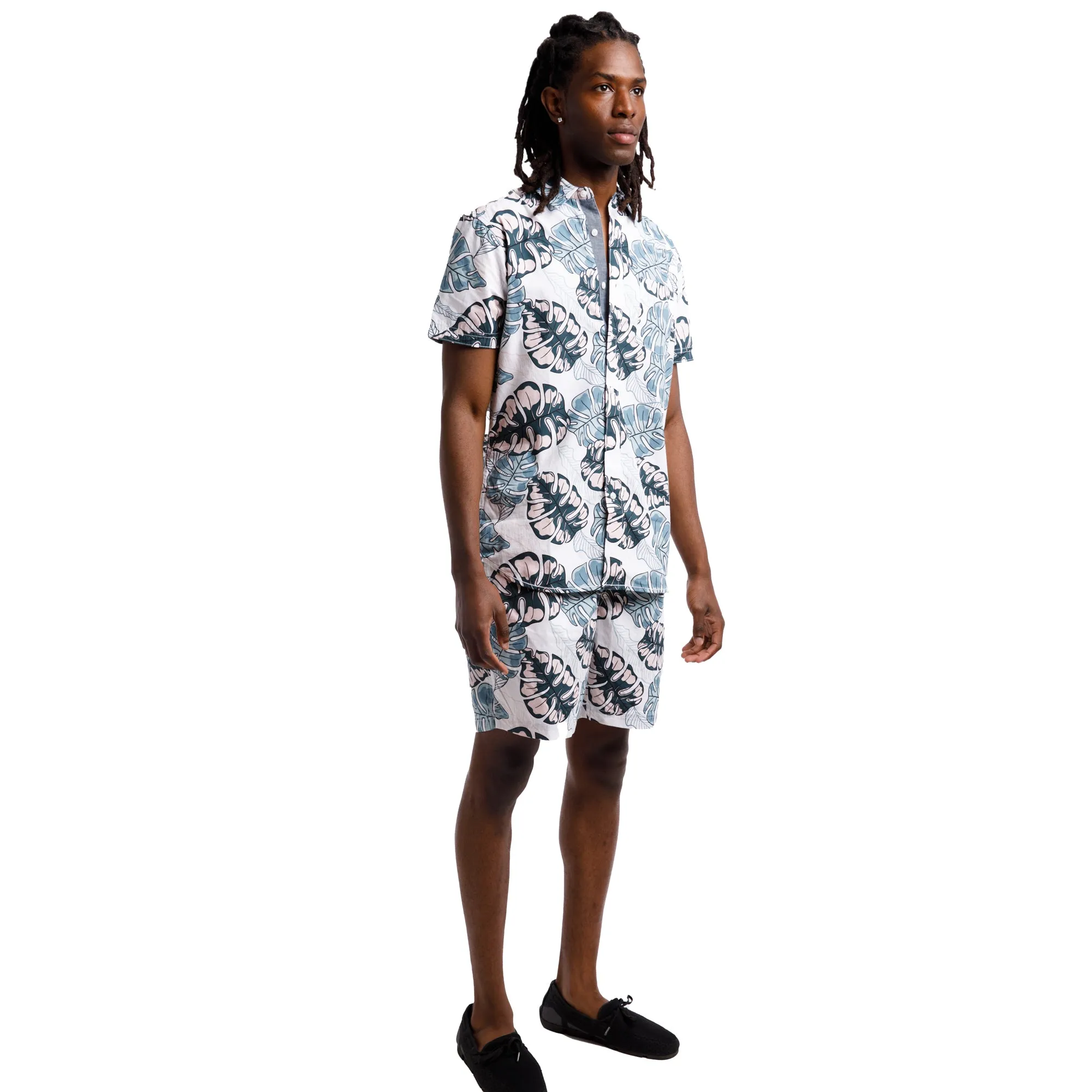 Printed Poplin Short Sleeve Button Up Shirt | Mint Tropical Leaves sold by Free Planet product image thumbnail 4