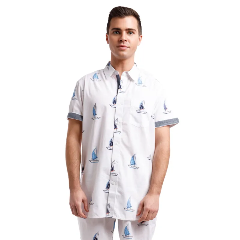 Printed Poplin Short Sleeve Button Up Shirt | Sailboats sold by Free Planet