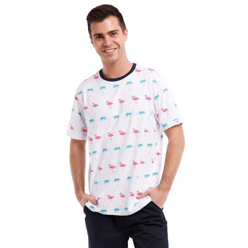 Printed Stretch Short Sleeve Crew Neck Tee | Flamingo Conga Line sold by Free Planet