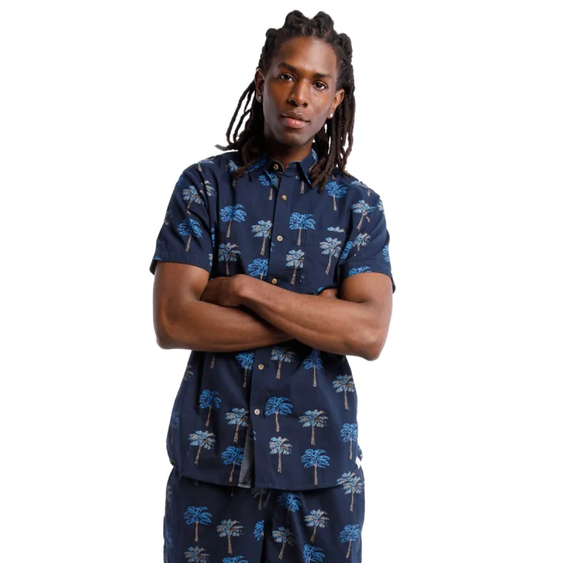 Printed Poplin Short Sleeve Button Up Shirt | Navy Palms sold by Free Planet