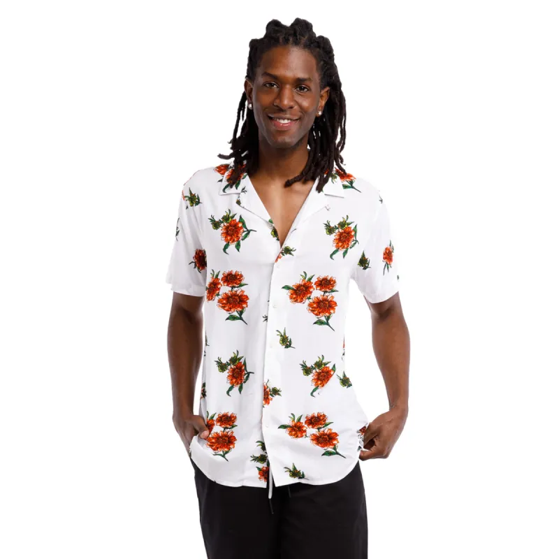 Super Soft Relaxed Printed Short Sleeve Button Up Shirt | Watercolor Zinnias sold by Free Planet