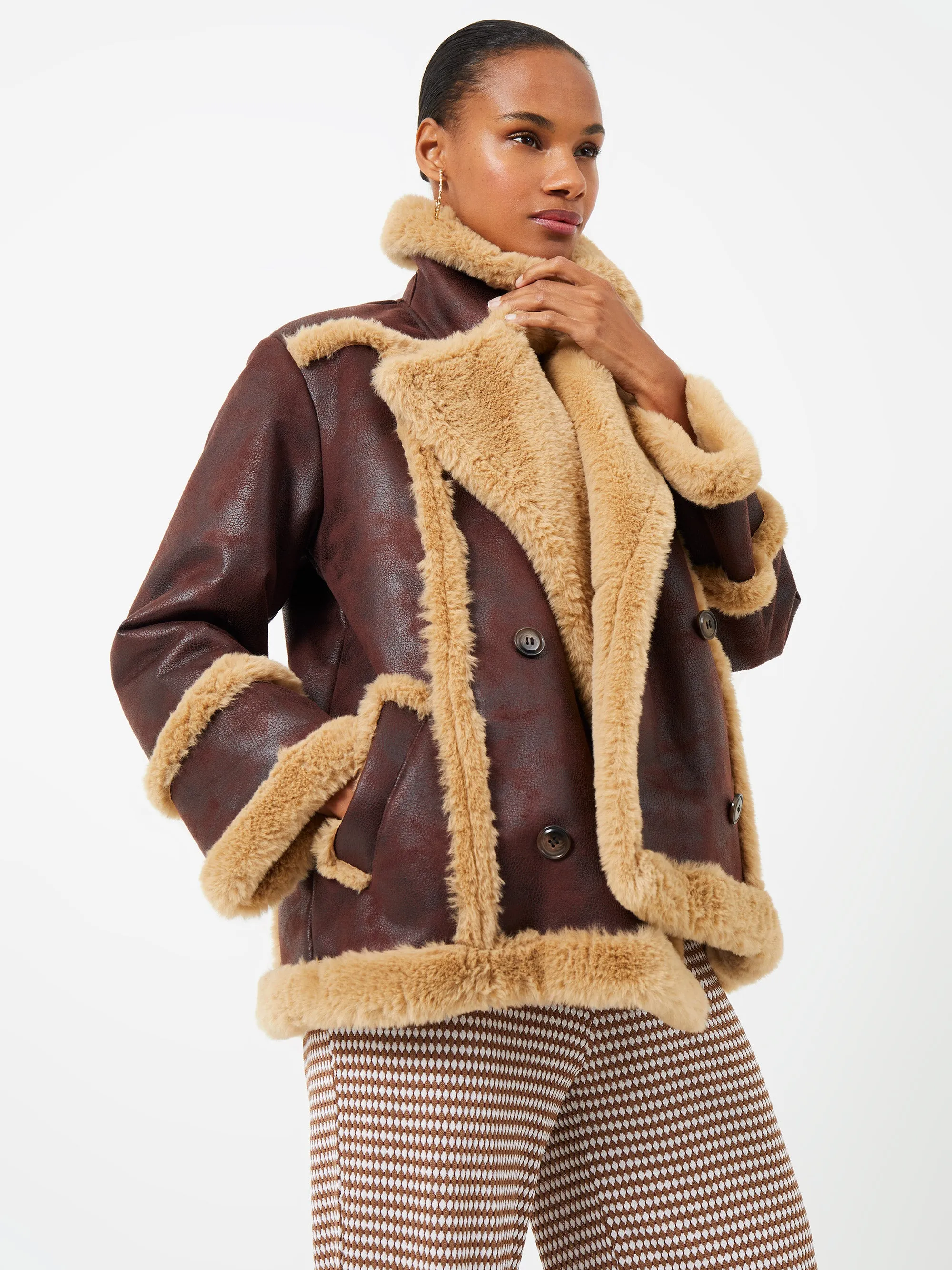 Belen Faux Fur Double Breasted Coat sold by French Connection