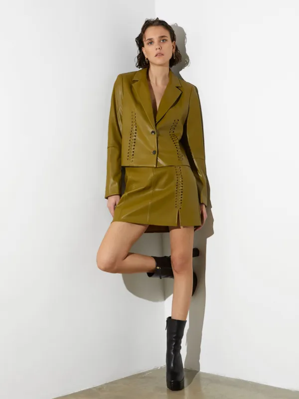 Crolenda Faux Leather Cropped Blazer sold by French Connection