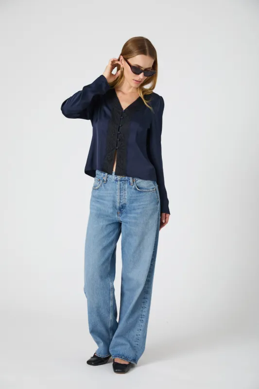 Ennis Satin Lace V-Neck Blouse sold by French Connection