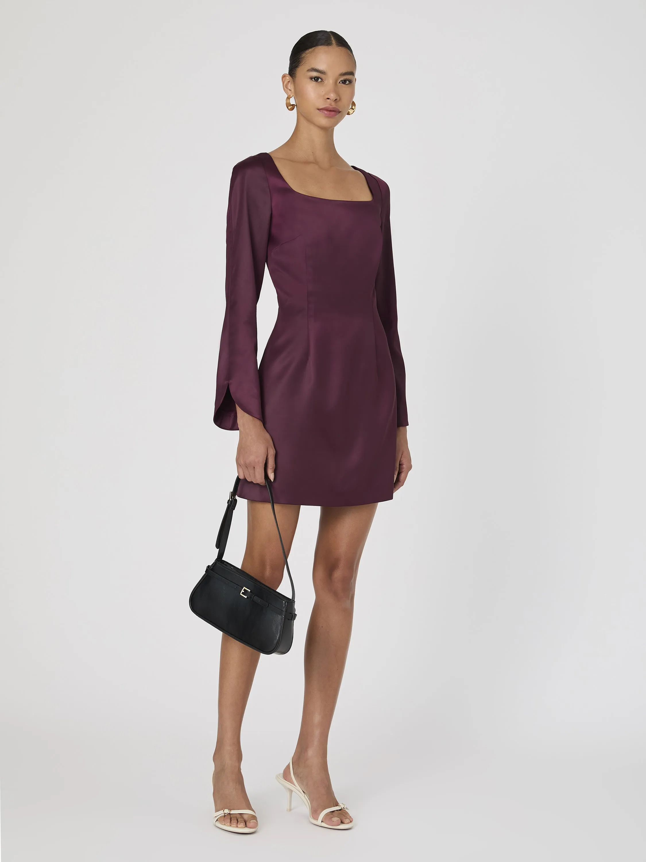 Structured Satin Long Sleeve Scoop Neck Mini Dress sold by French Connection