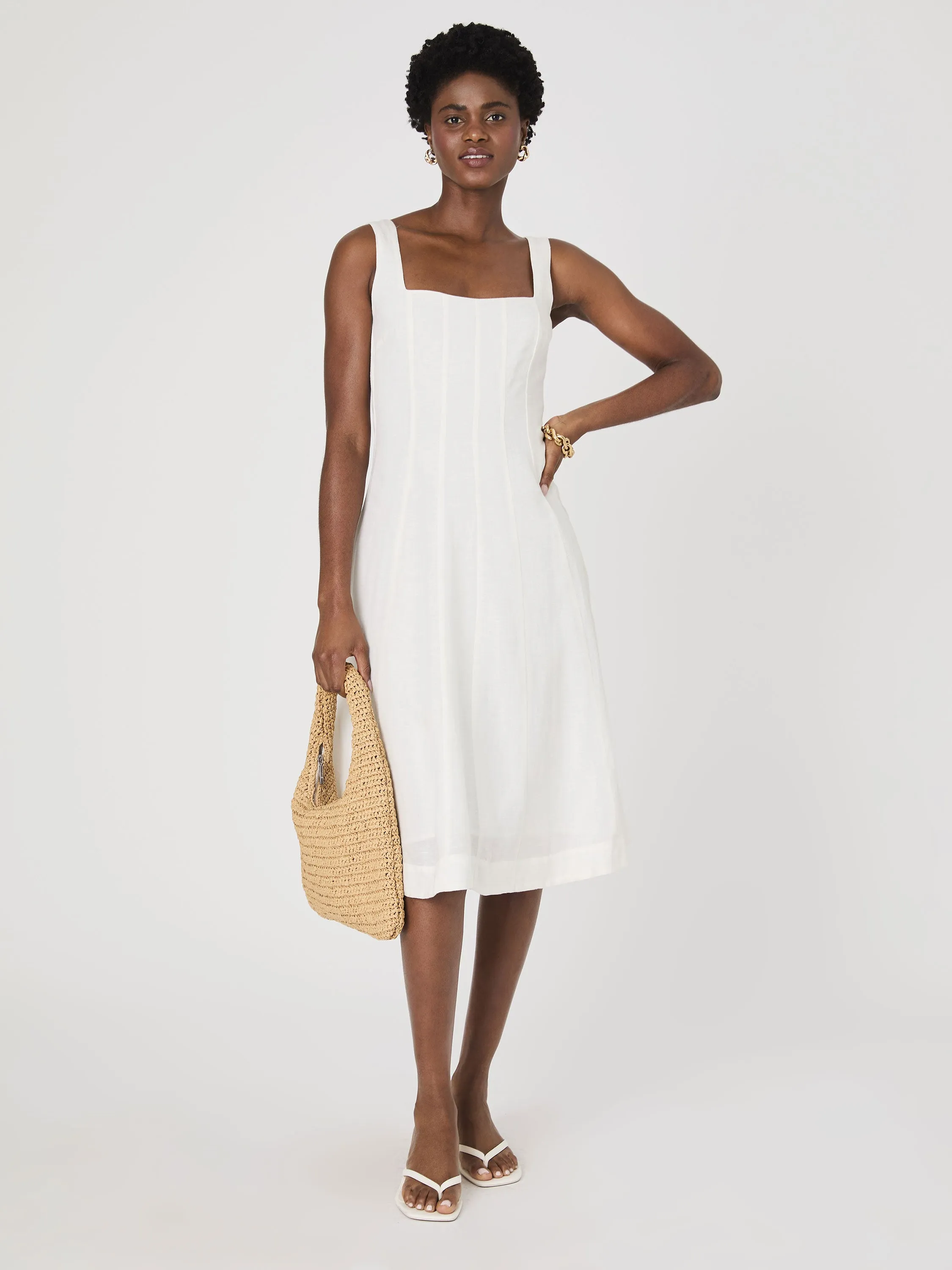 Birdie Linen Square Neck Midi Dress sold by French Connection