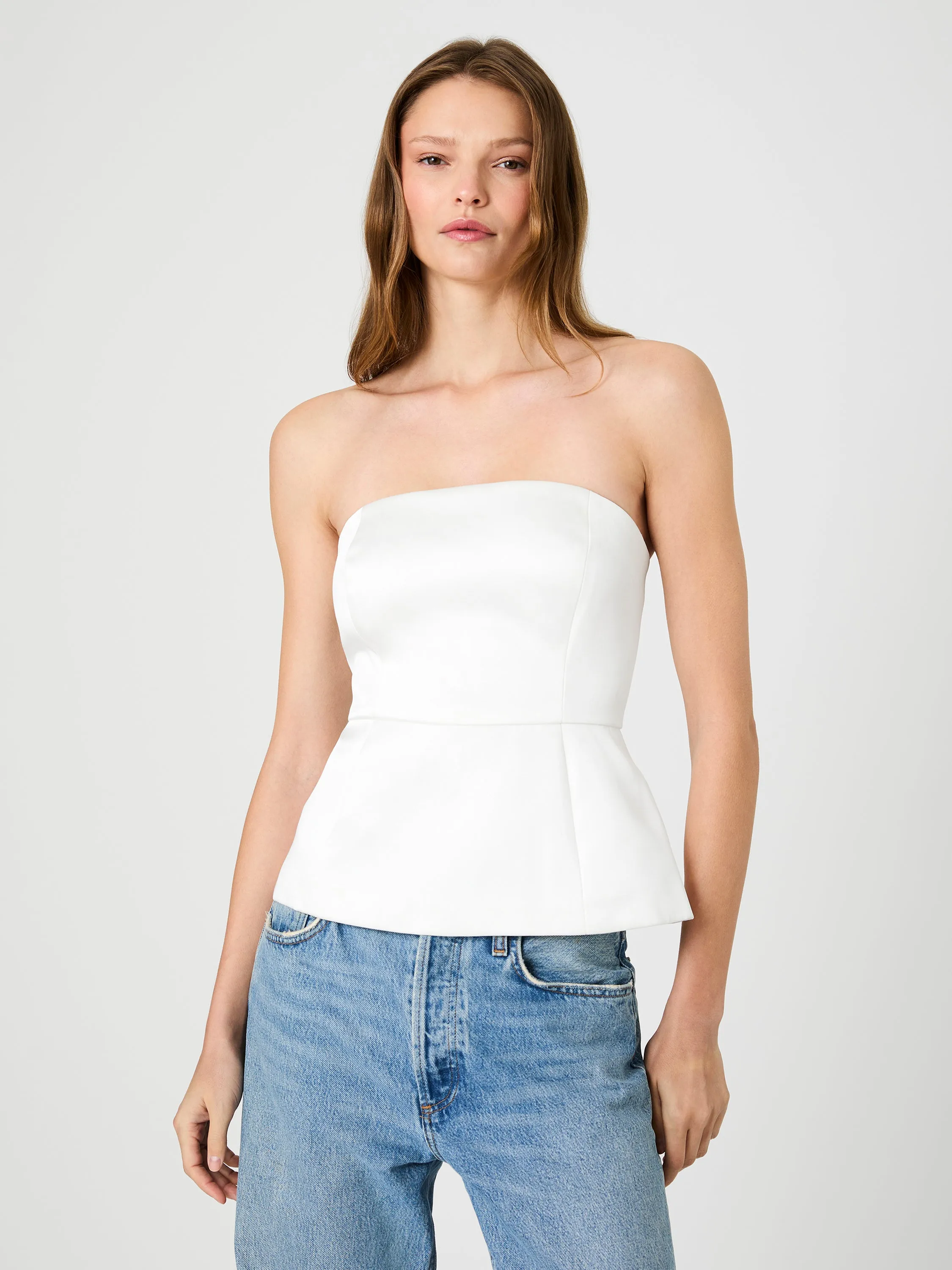 YORK SATIN STRAPLESS PEPLUM TOP sold by French Connection