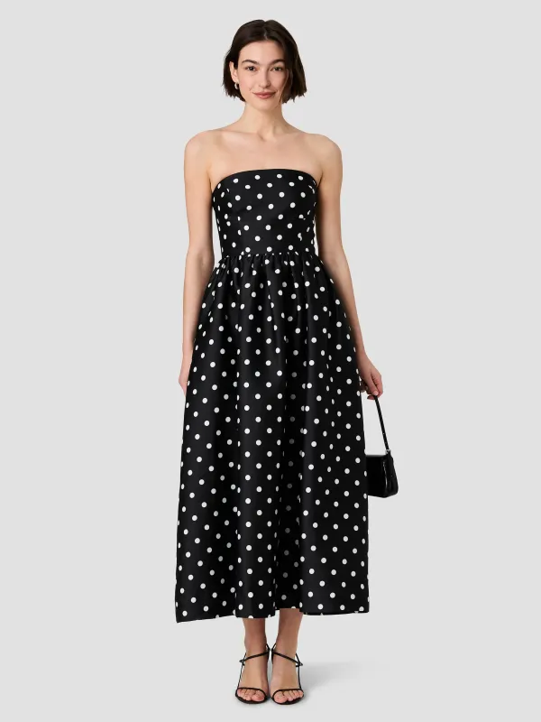 STRUCTURED TAFFETA POLKA DOT STRAPLESS MIDI DRESS made by French Connection