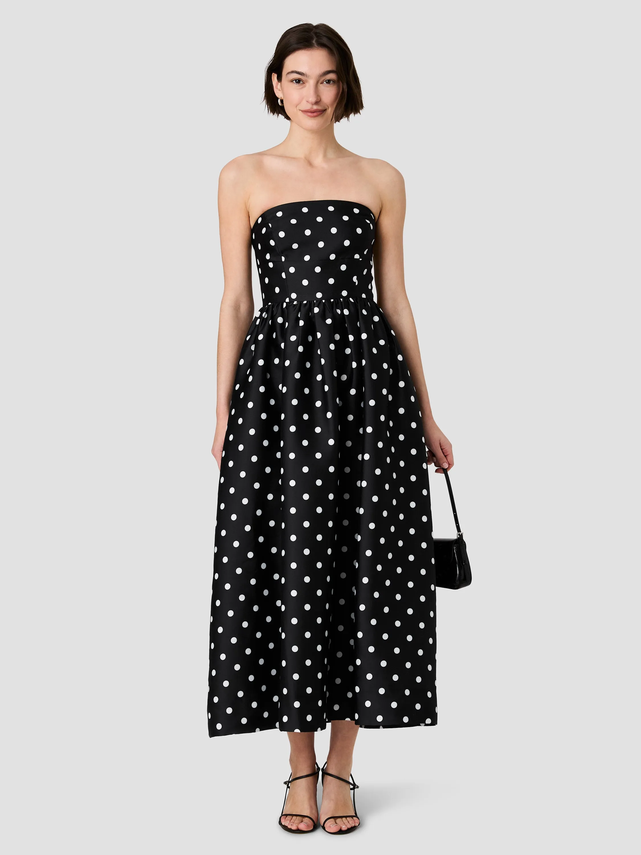 STRUCTURED TAFFETA POLKA DOT STRAPLESS MIDI DRESS sold by French Connection