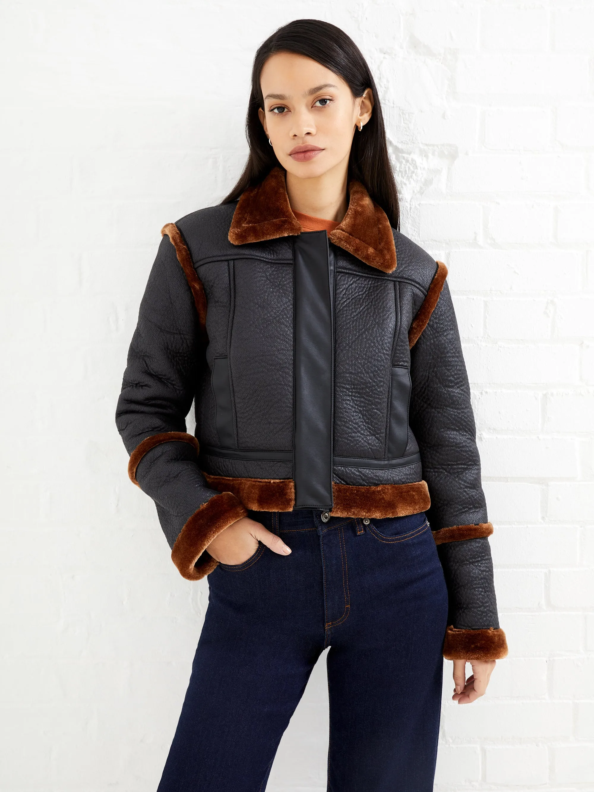 Belen Faux Fur Cropped Moto Jacket sold by French Connection