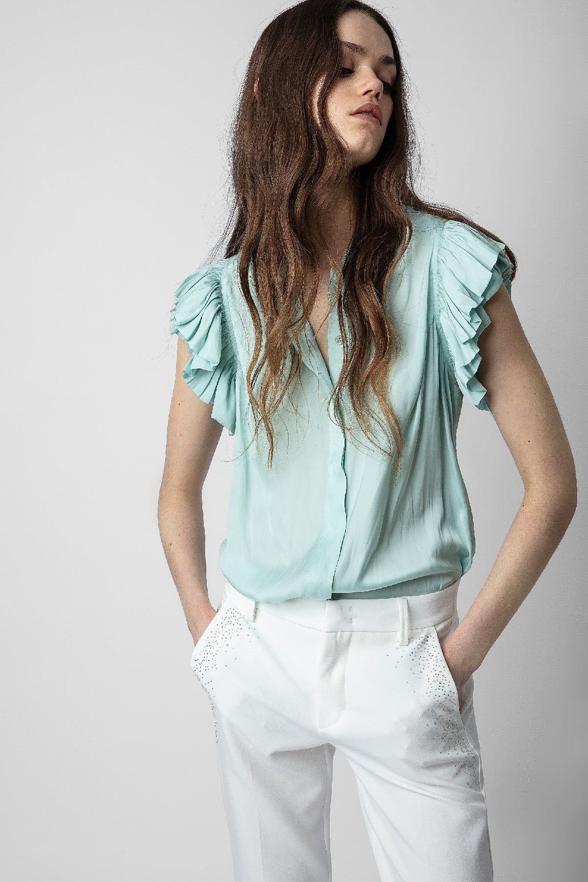 Tiza Satin Top - Celadon sold by French Cuff