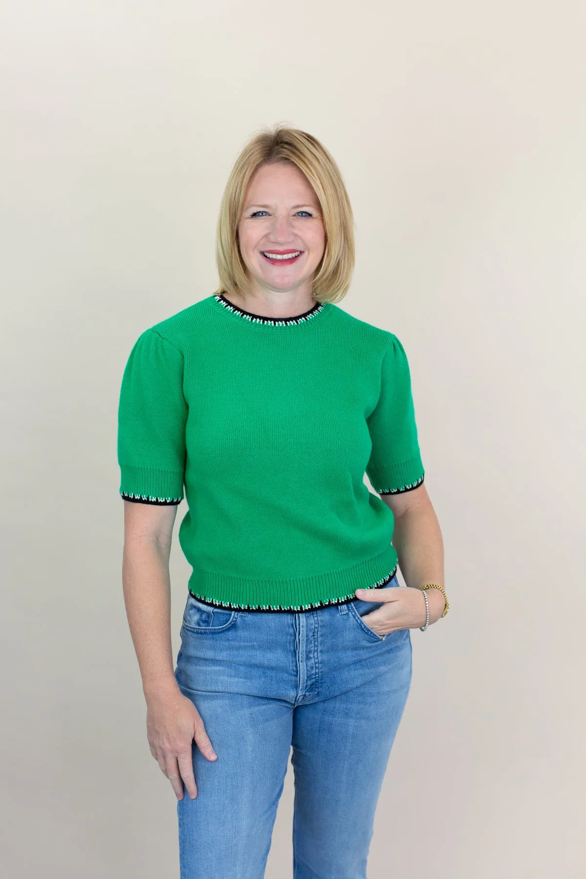 Green Short Sleeve Sweater with Trim Detail sold by French Cuff