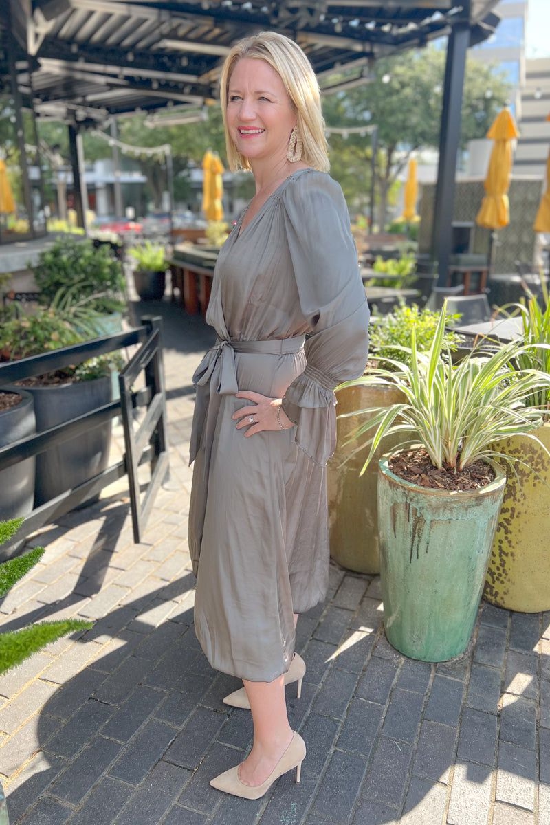Moss Grey Silky Wrap Midi Dress sold by French Cuff product image thumbnail 2