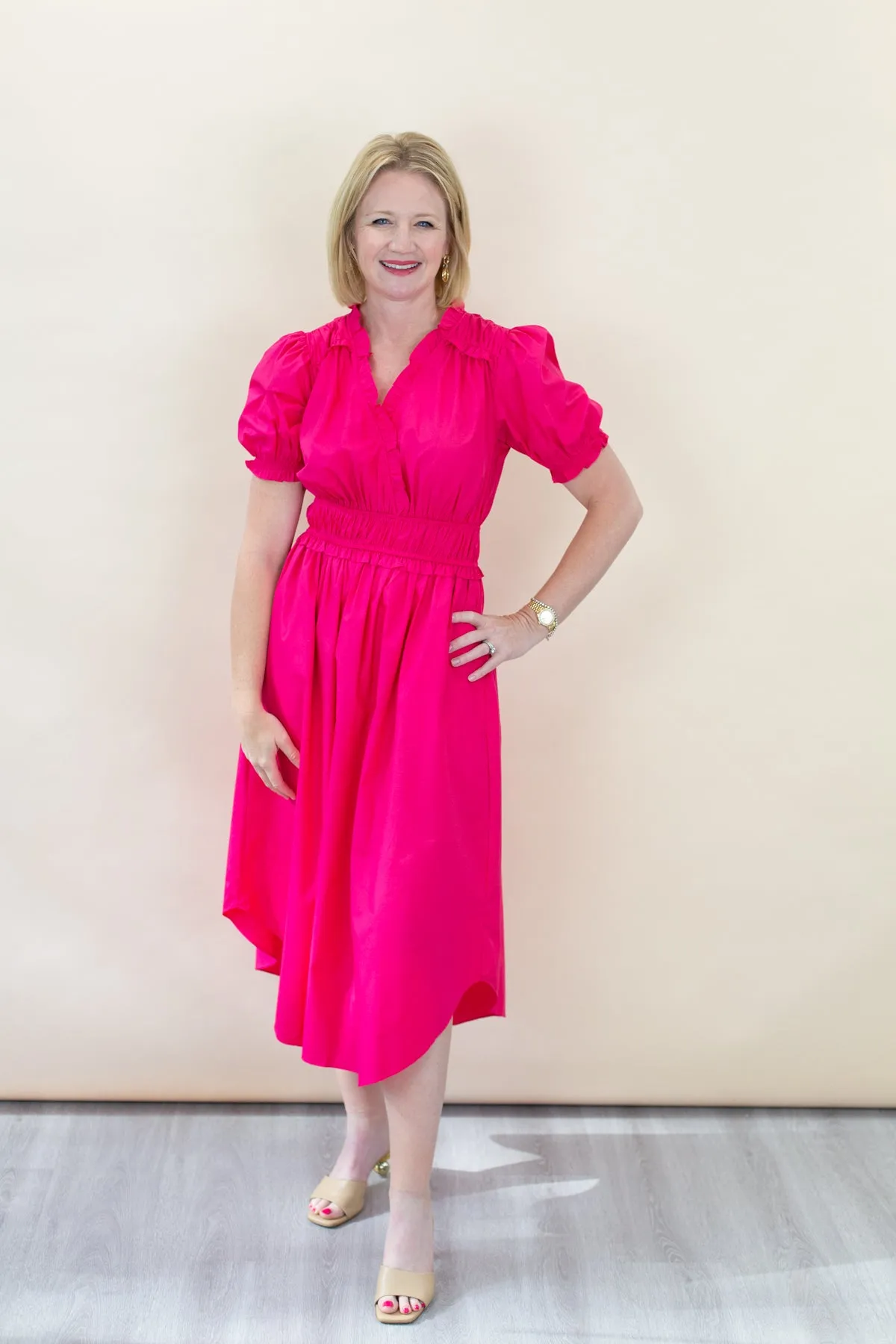 Fuchsia Midi Dress with Elasticized Waist & Cuff sold by French Cuff