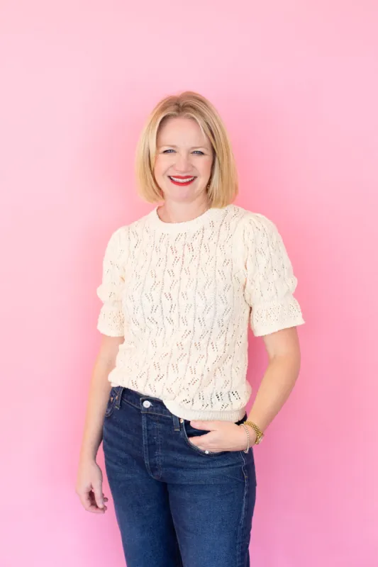 Ivory Pointelle Short Sleeve Sweater sold by French Cuff