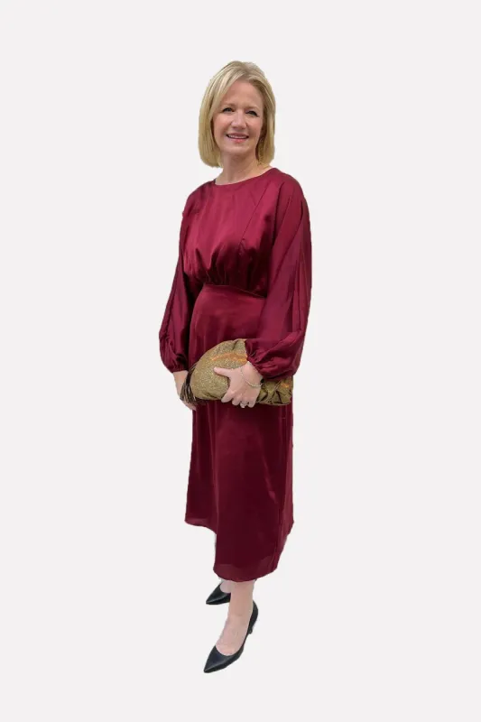 Burgundy Satin Dolman Sleeve Midi Dress sold by French Cuff