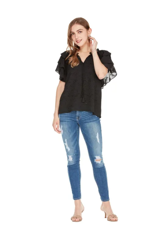 Black Ruffle Sleeve Top sold by French Cuff