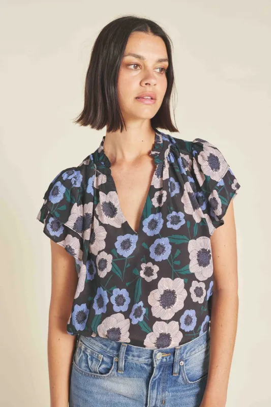 Clover Blouse- Navy Poppies sold by French Cuff