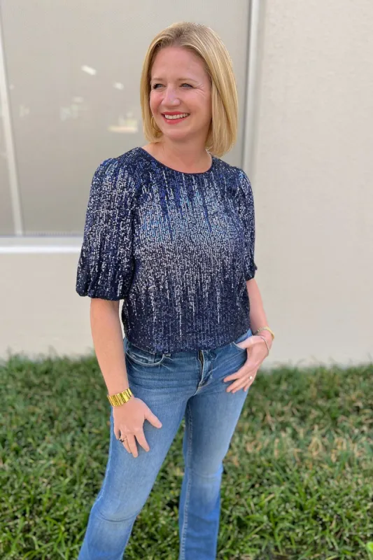 Navy Sequin Bubble Sleeve Top sold by French Cuff