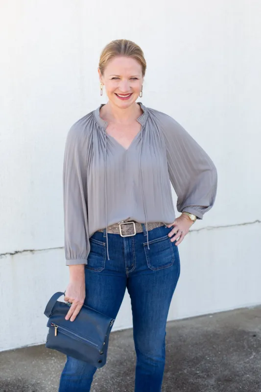 Grey Split Neck w/ Tie Pleated Top sold by French Cuff