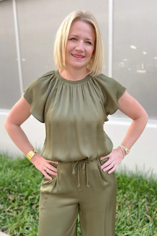 Satin Smocked Crew Neck Top sold by French Cuff