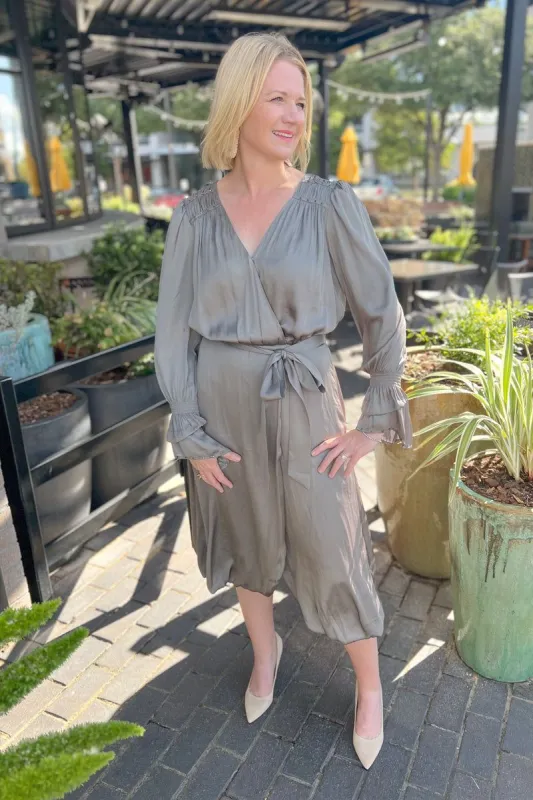 Moss Grey Silky Wrap Midi Dress sold by French Cuff