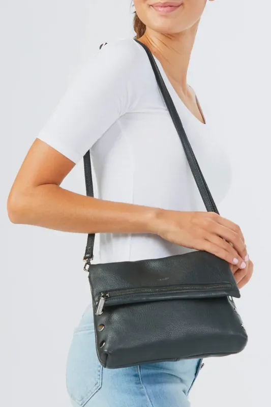 VIP Medium Leather Crossbody Clutch - Black/Gunmetal sold by French Cuff