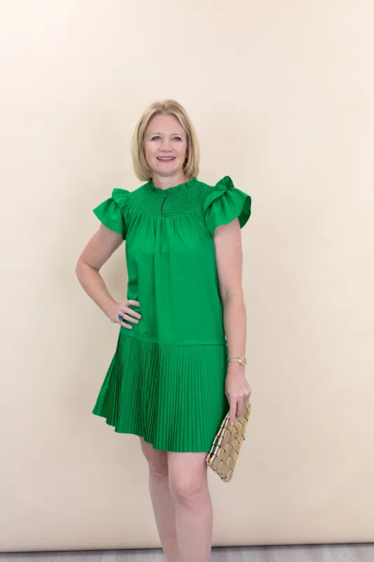 Green Double Flutter Short Sleeve Dress with Pleated Skirt sold by French Cuff
