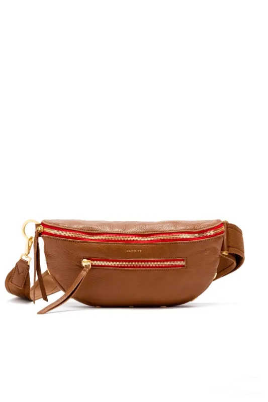 Charles Leather Crossbody Bag - Mahogany Pebble/Brushed Gold Red Zip sold by French Cuff