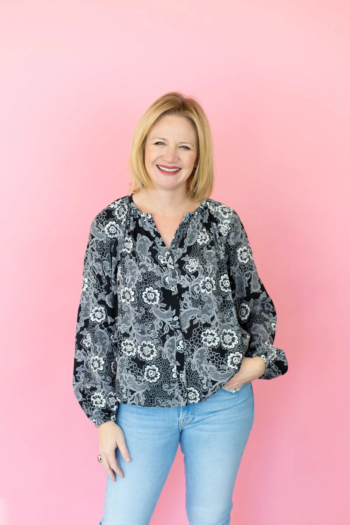 Long Sleeve Black/White Floral Print Top sold by French Cuff