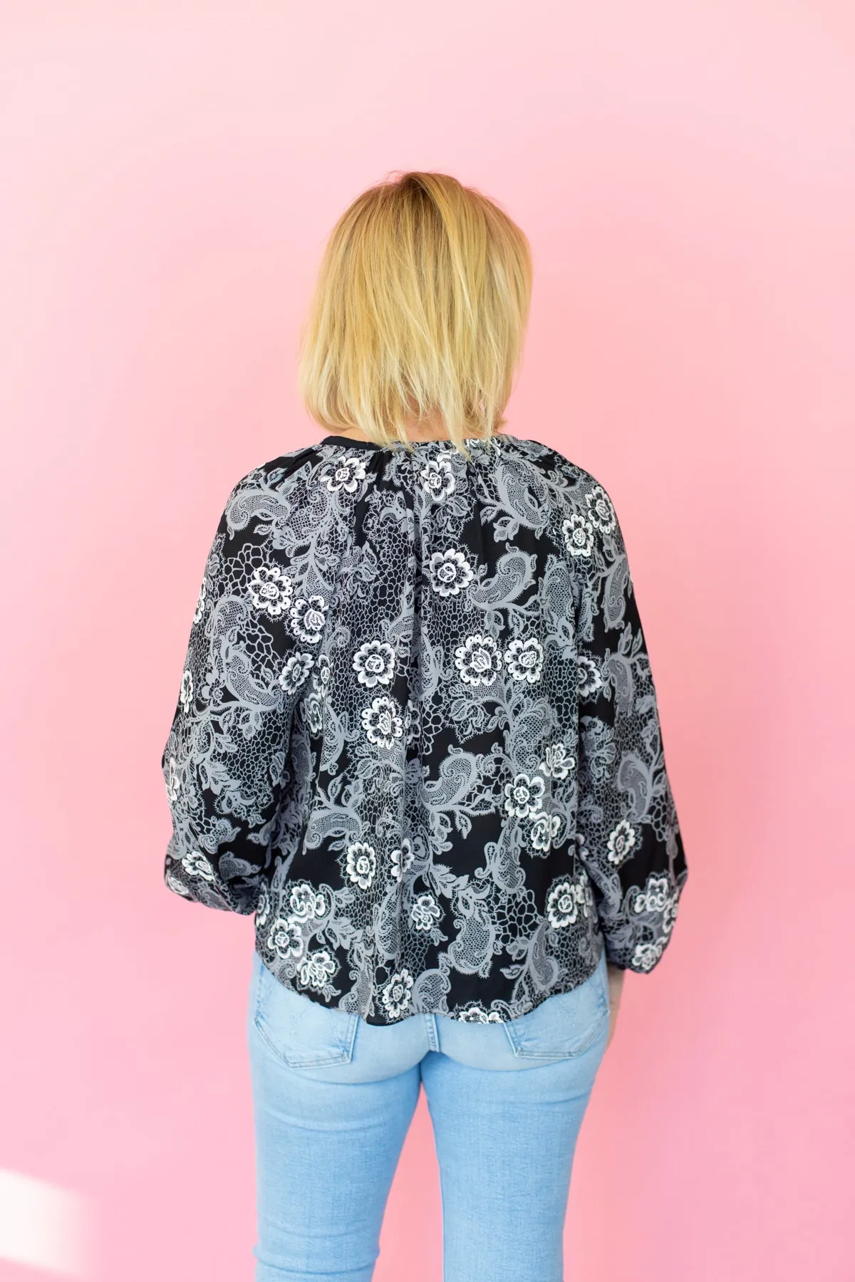 Long Sleeve Black/White Floral Print Top sold by French Cuff product image thumbnail 2
