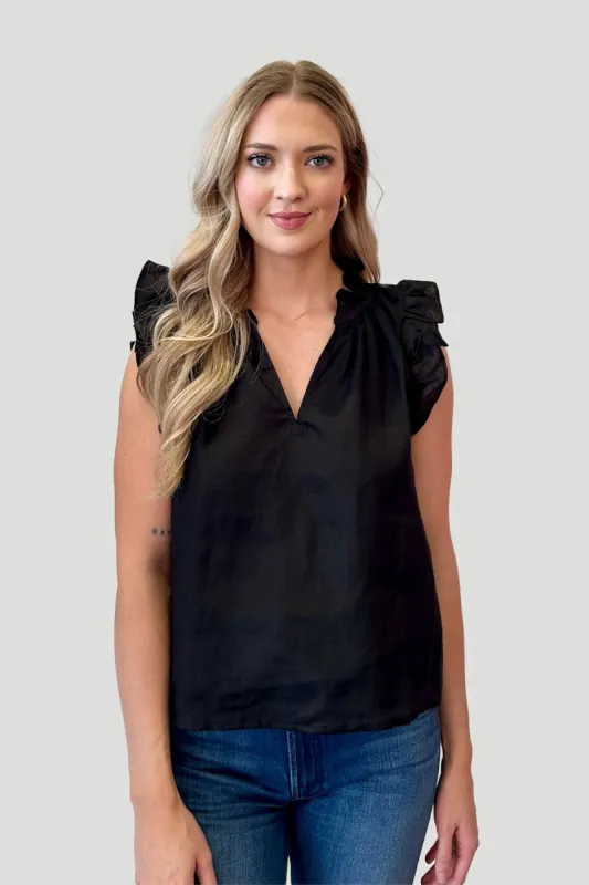 Ruffle Sleeve Black Top sold by French Cuff