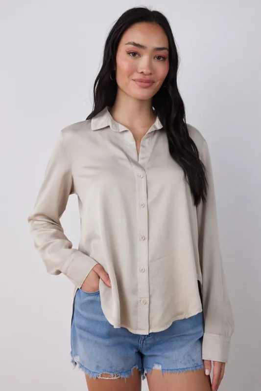 Satin Flowy Button Down- Sand Ivory sold by French Cuff