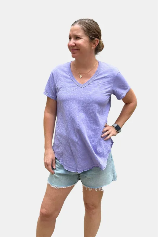 Short Sleeve V-neck Raw Hem Shirttail- Lavender sold by French Cuff