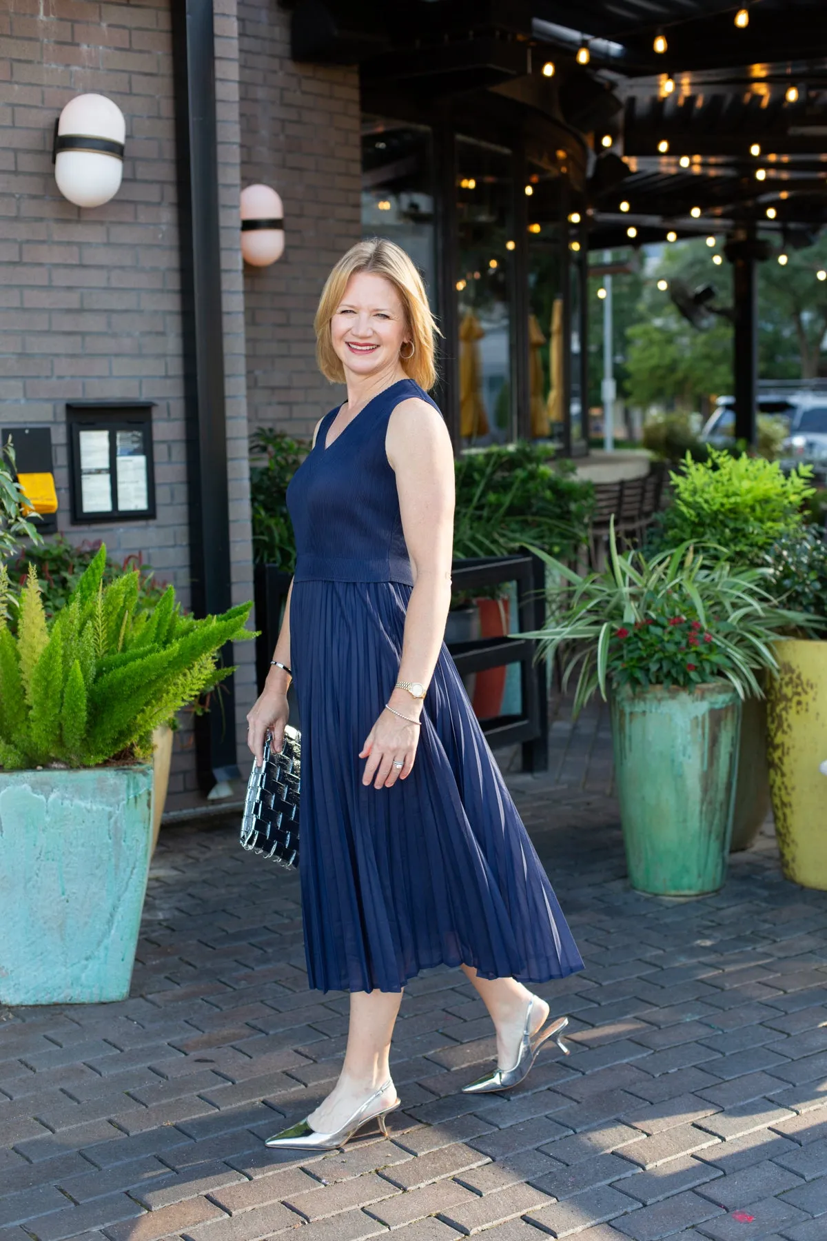 Navy Sleeveless V-Neck Midi Pleated Dress sold by French Cuff product image thumbnail 2