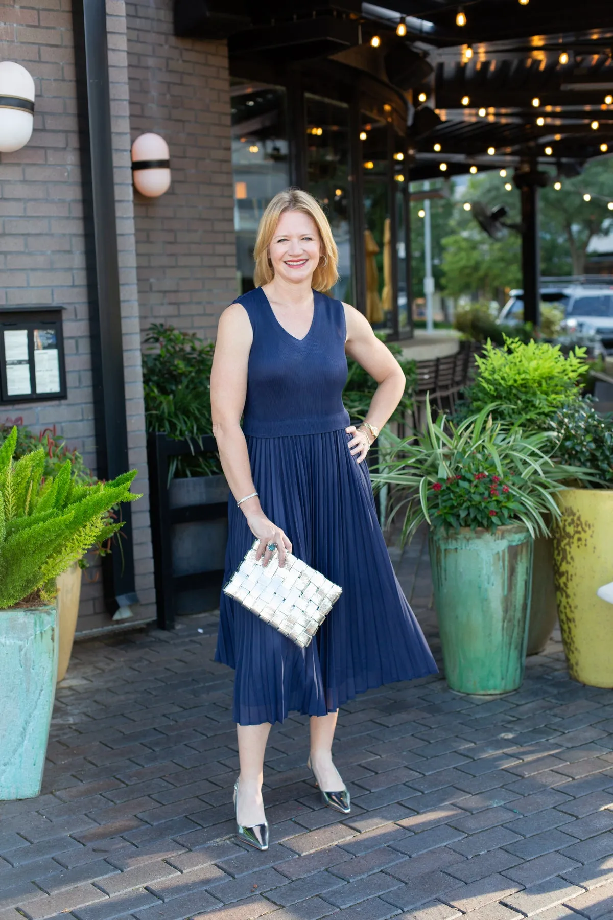 Navy Sleeveless V-Neck Midi Pleated Dress sold by French Cuff