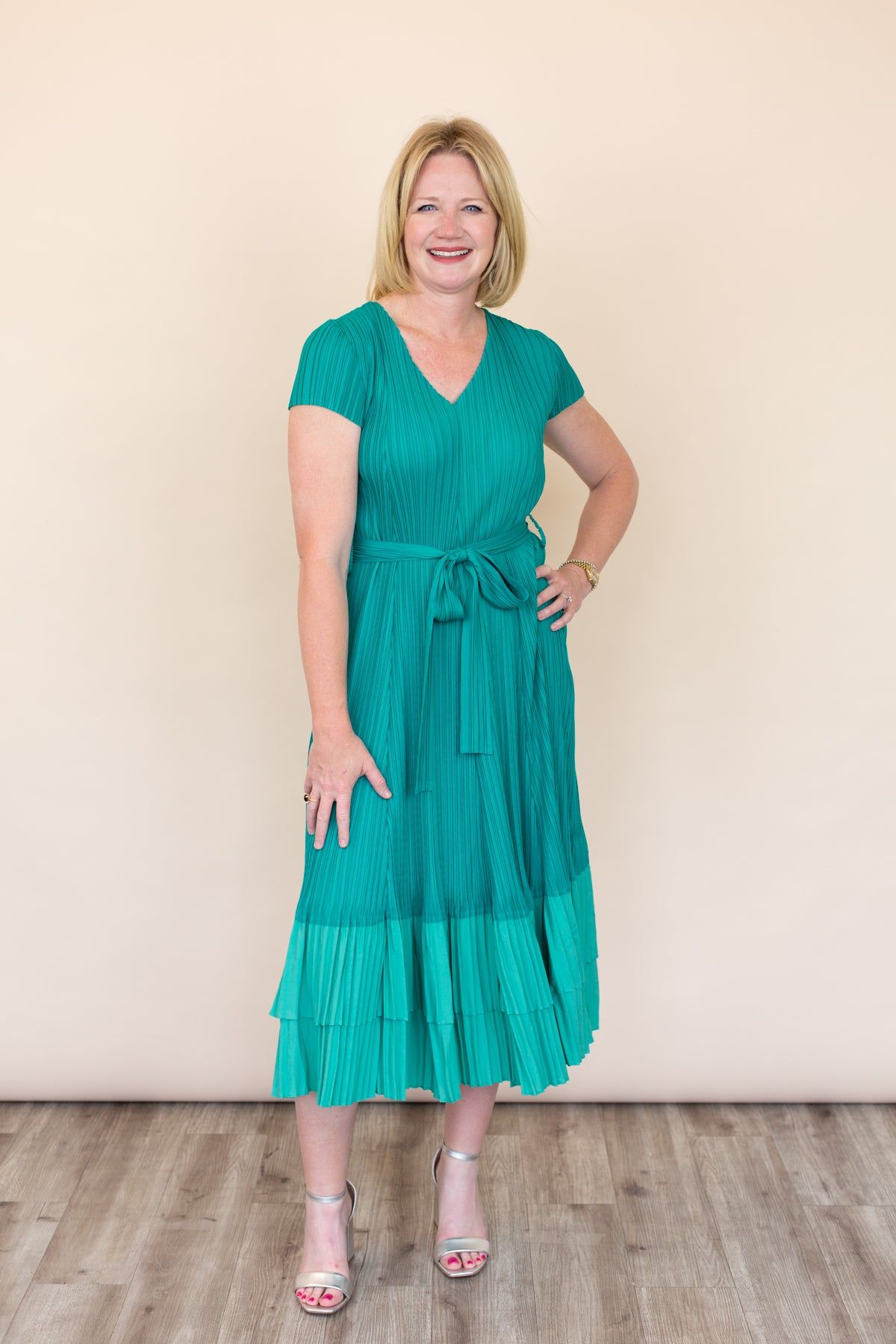 Two Tone Short Sleeve Pleated Dress sold by French Cuff