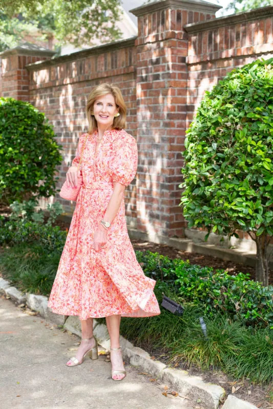Red Multi Half Sleeve Pleated Skirt Midi Dress sold by French Cuff