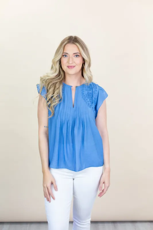 Denim Blue Sleeveless Top with Embroidery Detail sold by French Cuff