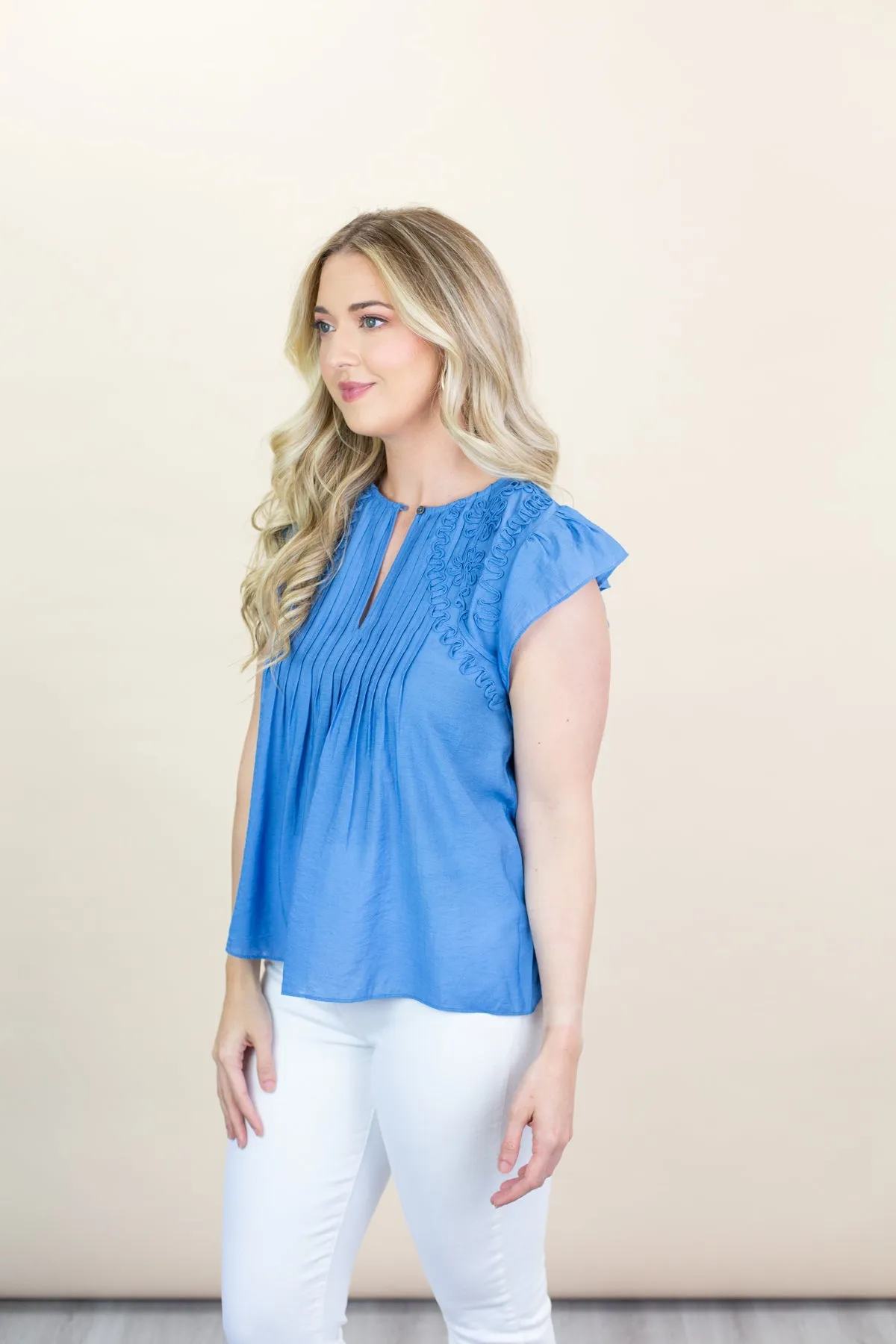 Denim Blue Sleeveless Top with Embroidery Detail sold by French Cuff product image thumbnail 2