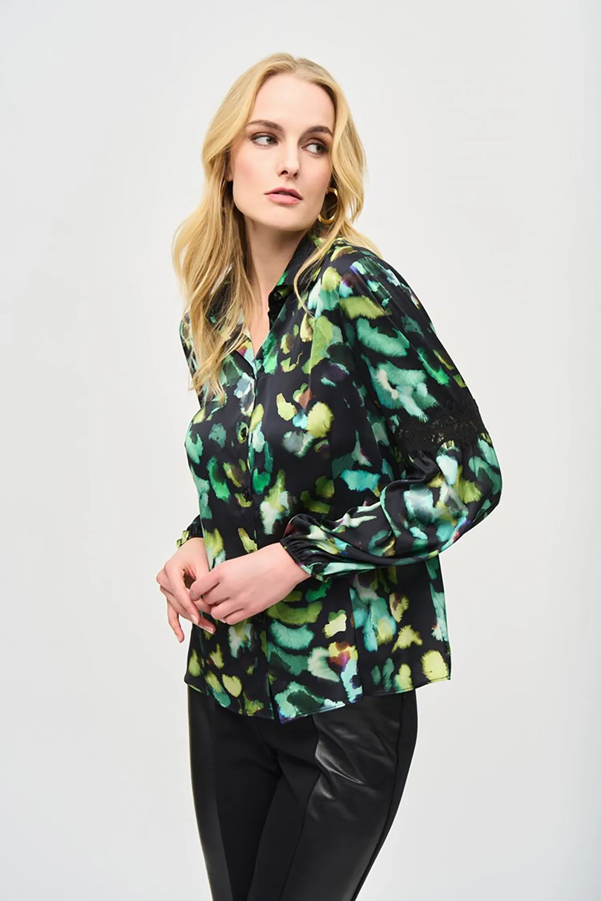 Satin Abstract Print Button-Down Blouse sold by French Cuff