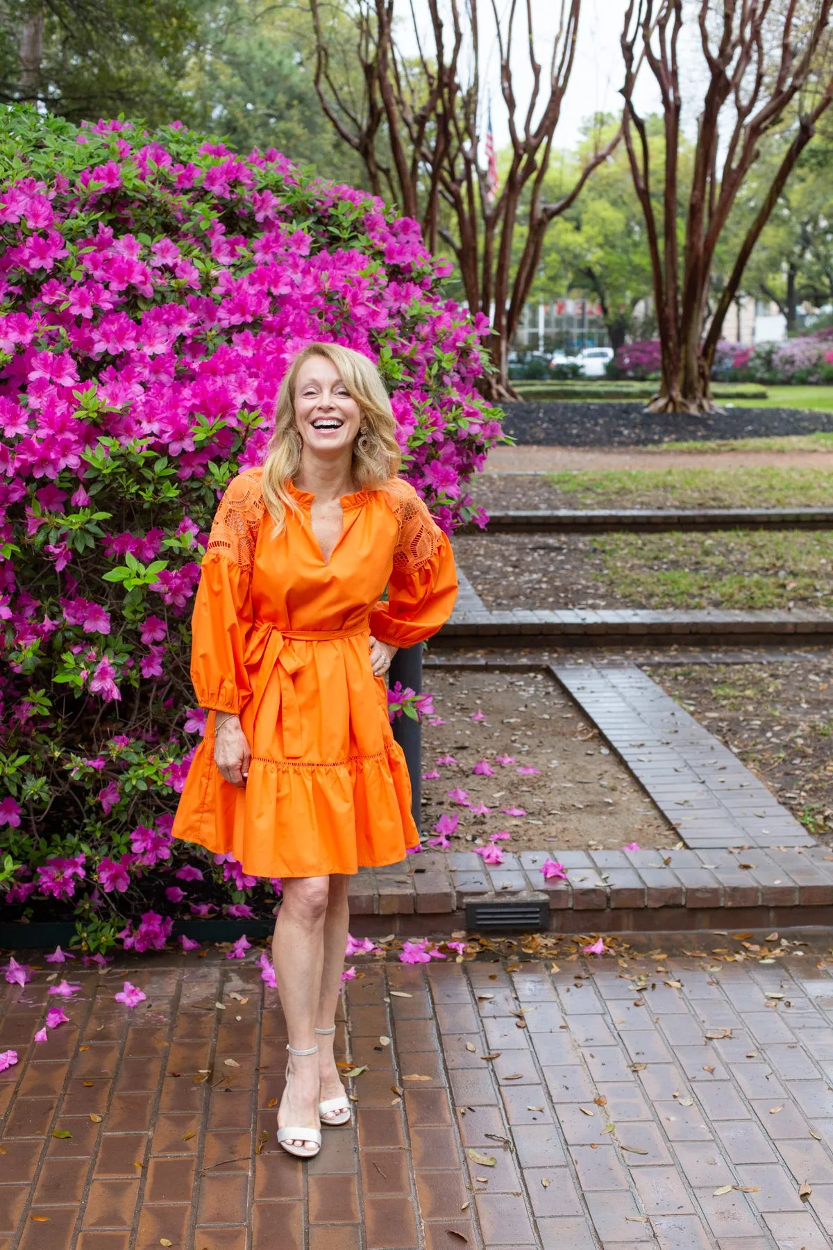 Orange Lace Shoulder Dress sold by French Cuff